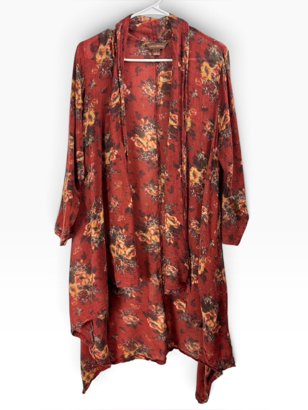 April Cornell Size Large 100% Wool Lightweight Floral Open Front Cardigan Long